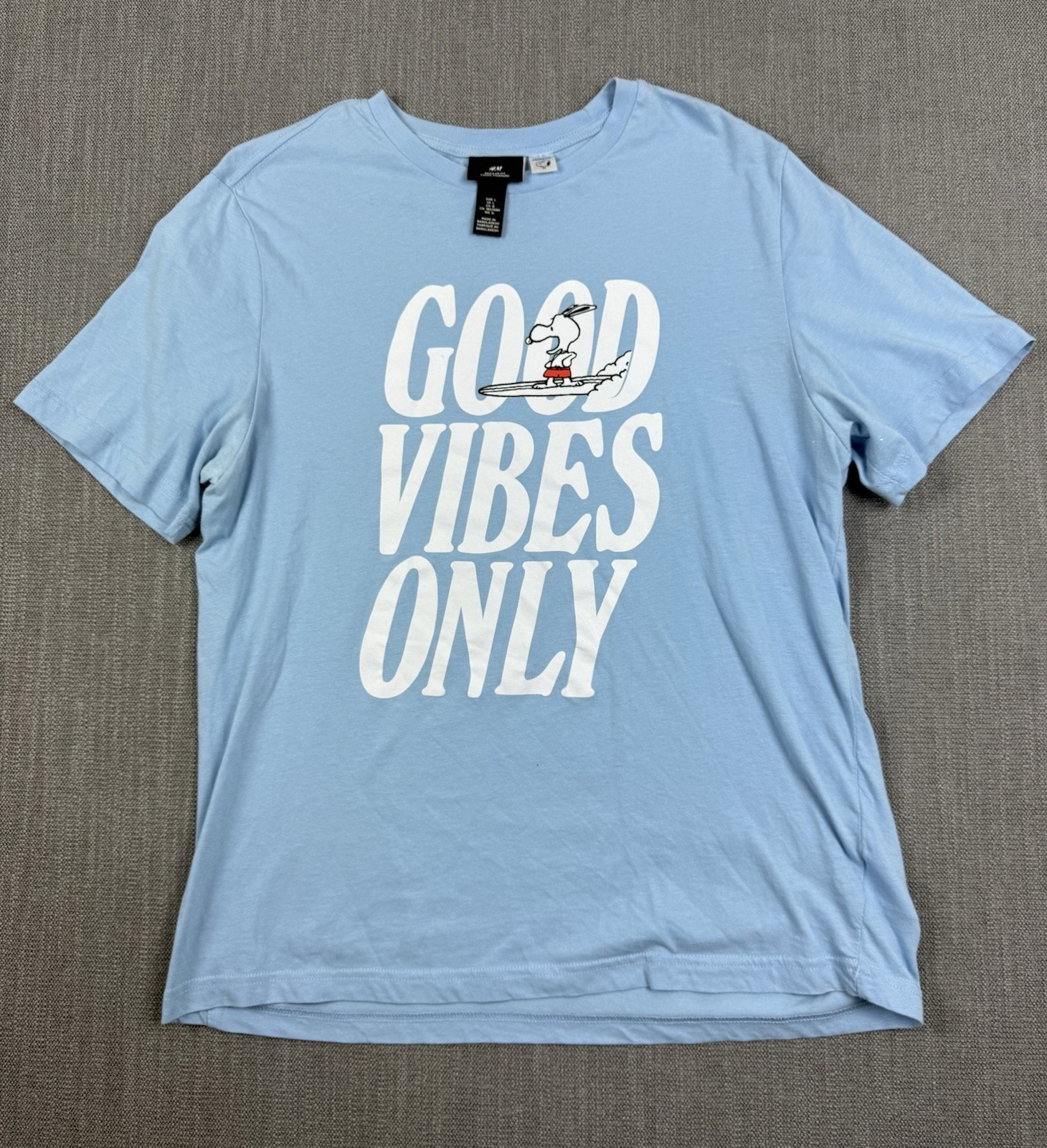 H&M Peanuts Snoopy Good Vibes Only T Shirt Mens Large Blue Graphic Surf Tee